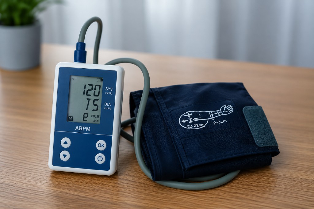 Ambulatory blood pressure monitor with cuff used for 24-hour ABPM monitoring at Millan Pharmacy
