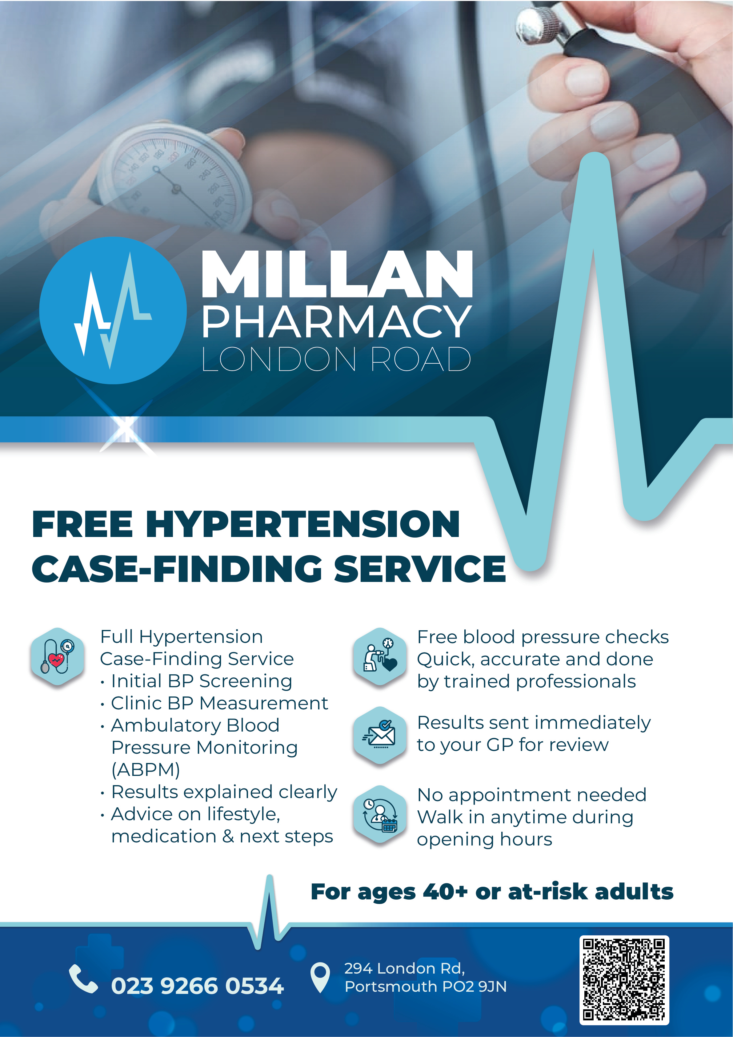 Millan Pharmacy free blood pressure check poster