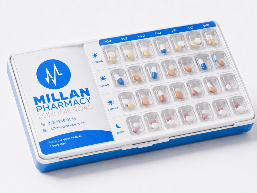 Millan Pharmacy MDS compliance aid tray showing medicines organised by day and time of day